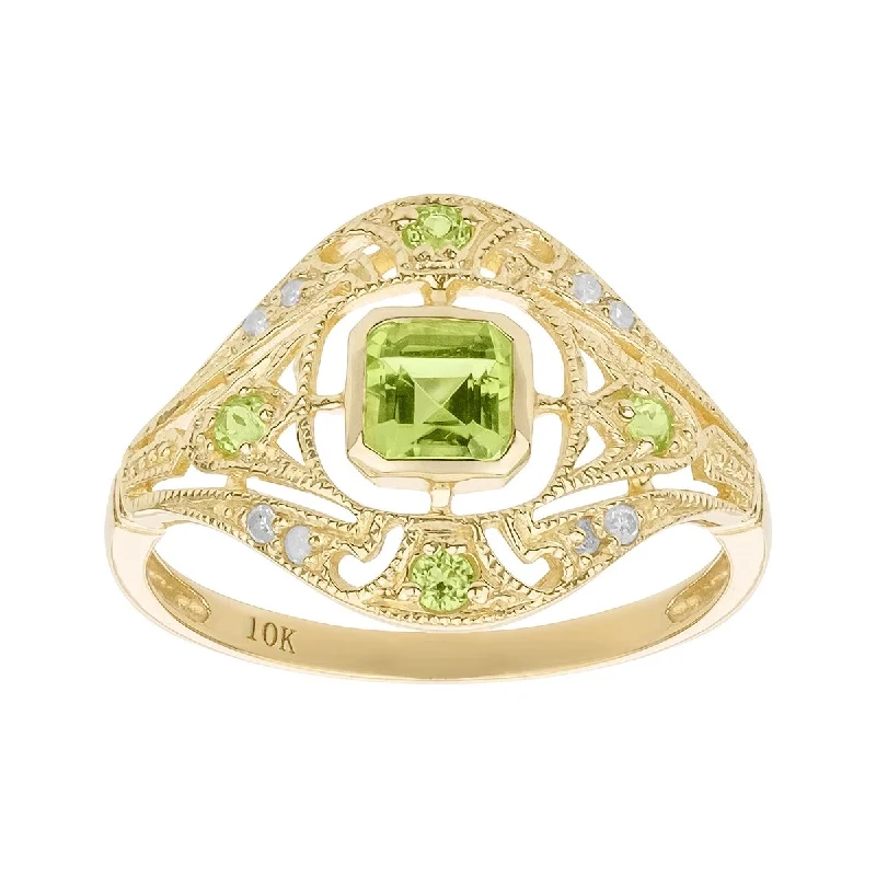 Women’s princess-cut ring-Viducci 10k Yellow Gold Vintage Style Genuine Peridot and Diamond Ring