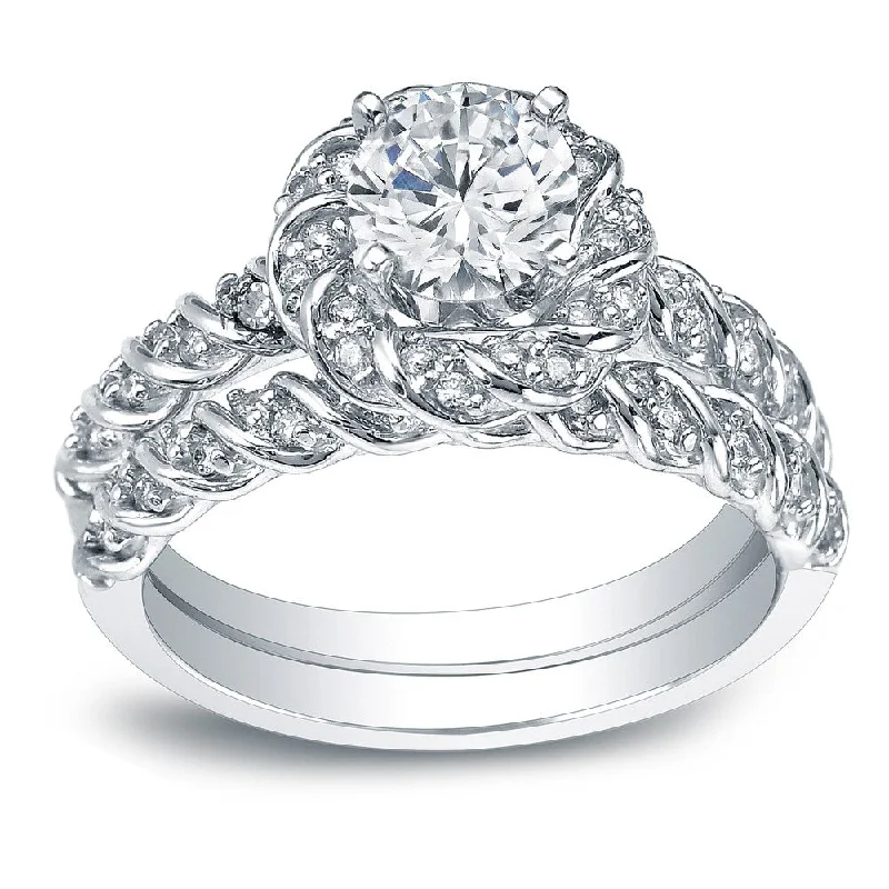 Women’s adjustable ring-Auriya Unique Rope Style 1 3/5ct TDW Round Diamond Halo Bridal Ring Set 14k White Gold Certified