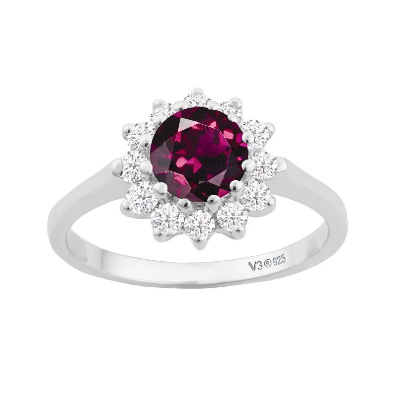 Women’s art deco ring-Sterling Silver with Natural Rhodolite Garnet and White Topaz Halo Ring