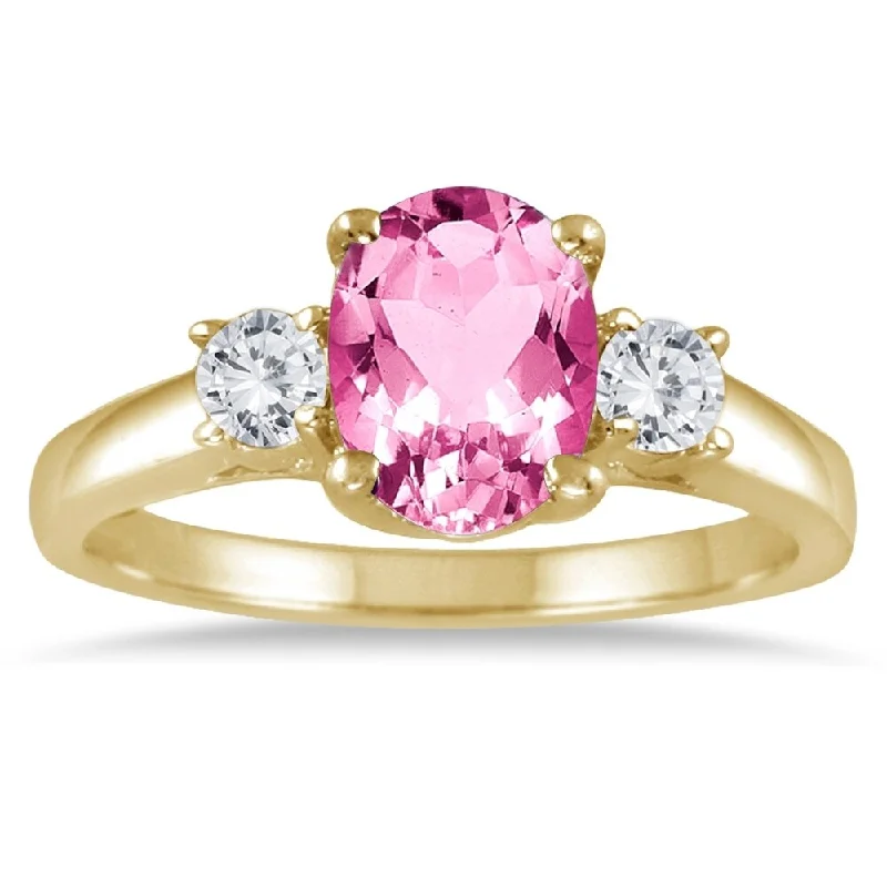 Women’s delicate ring-1 3/4 Carat Pink Topaz and Diamond Three Stone Ring 14K Yellow Gold