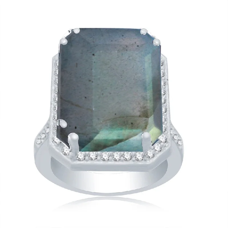 Women’s cocktail ring-Sterling Silver with Natural Labradorite and White Topaz Octagon Halo Ring