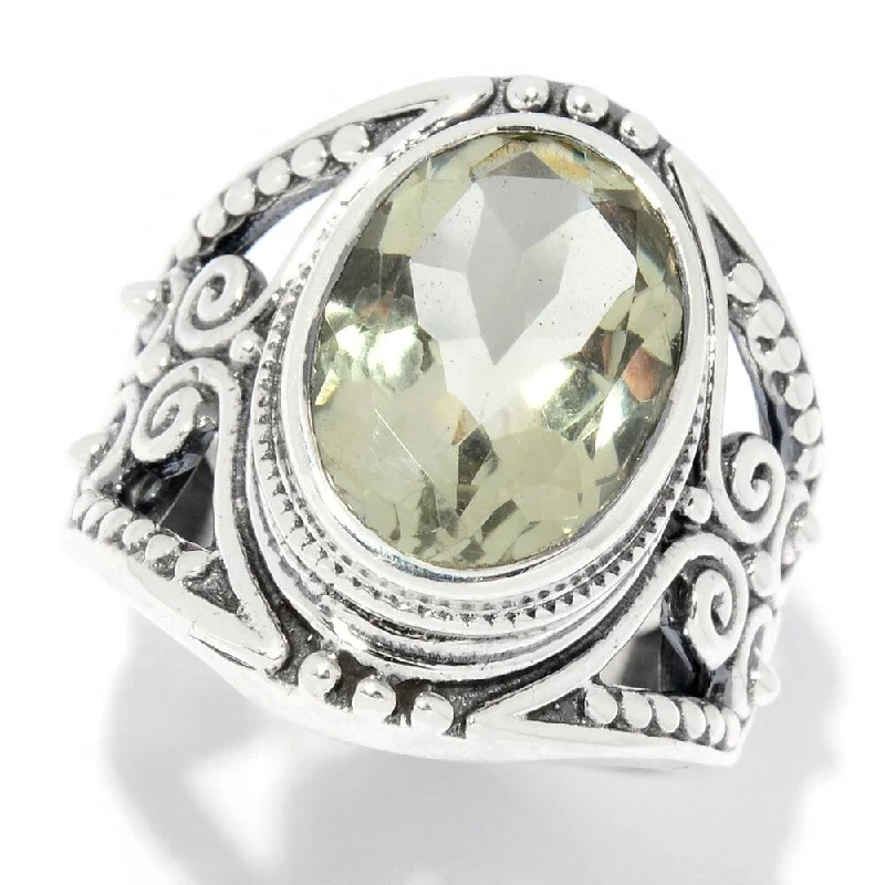 Women’s luxurious ring-Sterling Silver 5.00ctw Oval Green Amethyst Scrollwork Ring