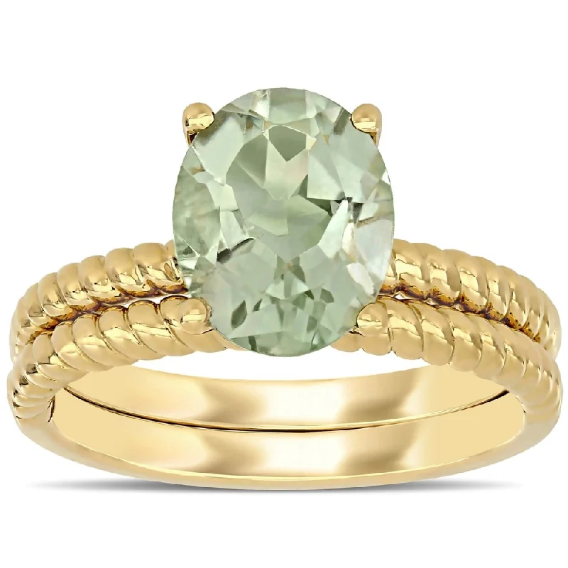 Women’s pinky ring-Miadora 14k Yellow Gold Green Amethyst Solitaire Twisted Bridal Ring set