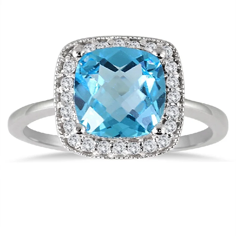 Women’s rose gold ring-1.70 Carat Cushion Cut Blue Topaz and Diamond Ring in 14K White Gold