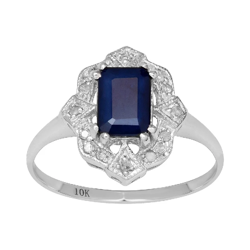 Women’s high-quality gold ring-Viducci 10k White Gold Vintage Style Genuine Emerald-Cut Sapphire and Diamond Ring