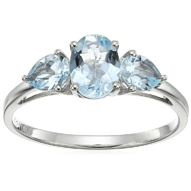 Women’s birthstone wedding ring-10k White Gold Aquamarine Oval and Pear 3-Stone Ring, Size 7