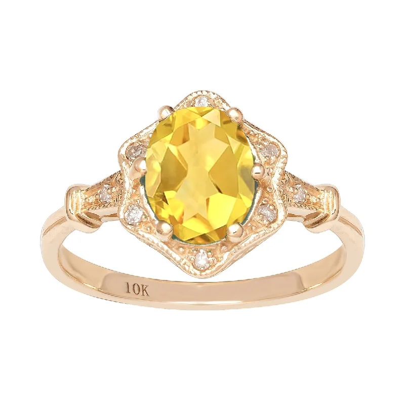 Women’s round diamond ring-Viducci 10k Yellow Gold Vintage Style Genuine Oval Citrine and Diamond Halo Ring