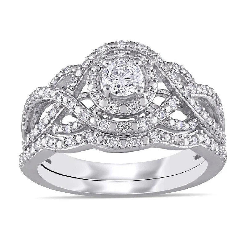 Women’s twist ring-1/2ct TDW Diamond Double Halo Crossover Bridal Ring Set in 14k White Gold by Miadora