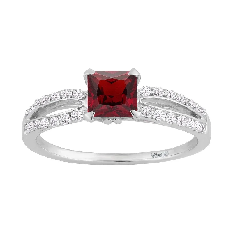 Women’s two-tone ring-Sterling Silver with Natural Garnet and White Diamond Solitaire Ring