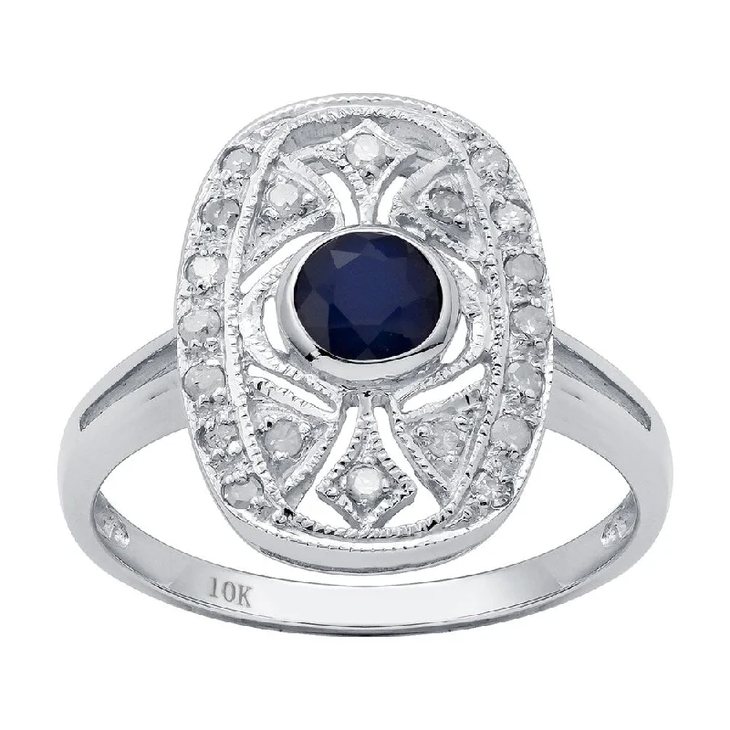 Women’s silver ring-Viducci 10k White Gold Vintage Style Genuine Round Sapphire and Diamond Ring