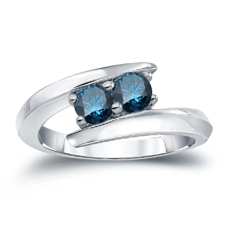 Women’s classic solitaire ring-Auriya 1ctw Round 2 Stone Blue Diamond Ring 14k Gold