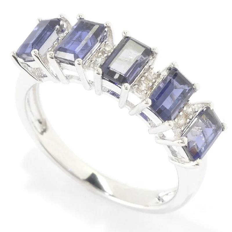 Women’s twisted band ring-Sterling Silver 1 2/5ct Emerald-cut Iolite and White Zircon Ring