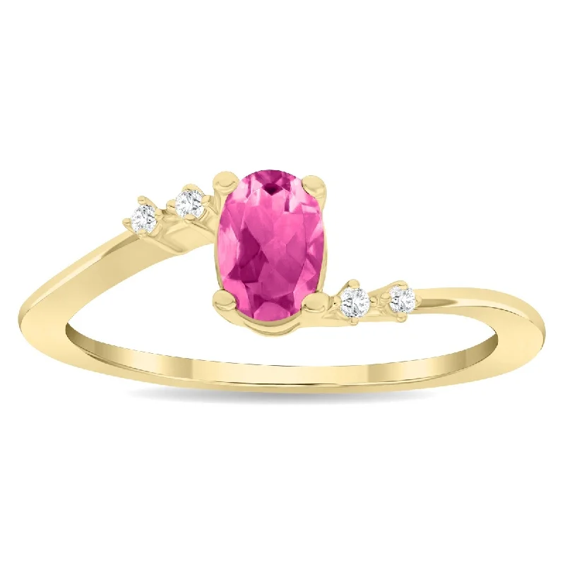 Women’s emerald-cut diamond ring-Women's Oval Shaped Pink Topaz and Diamond Tierra Ring in 10K Yellow Gold