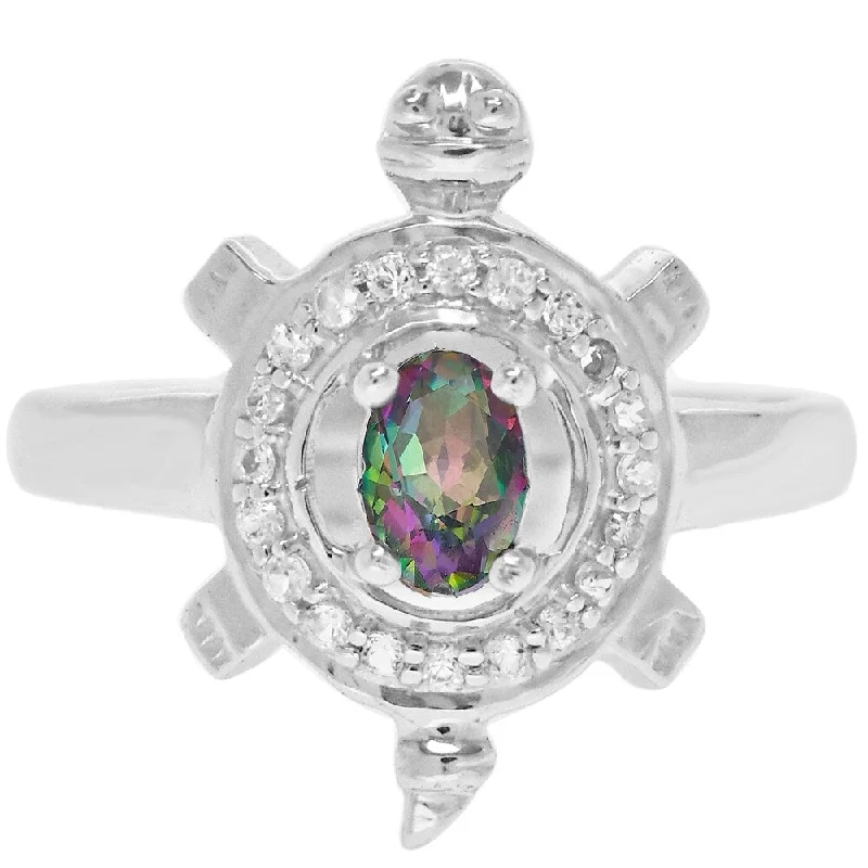 Women’s stackable wedding rings-Sterling Silver with Mystic Topaz and Natural White Topaz Turtle Ring