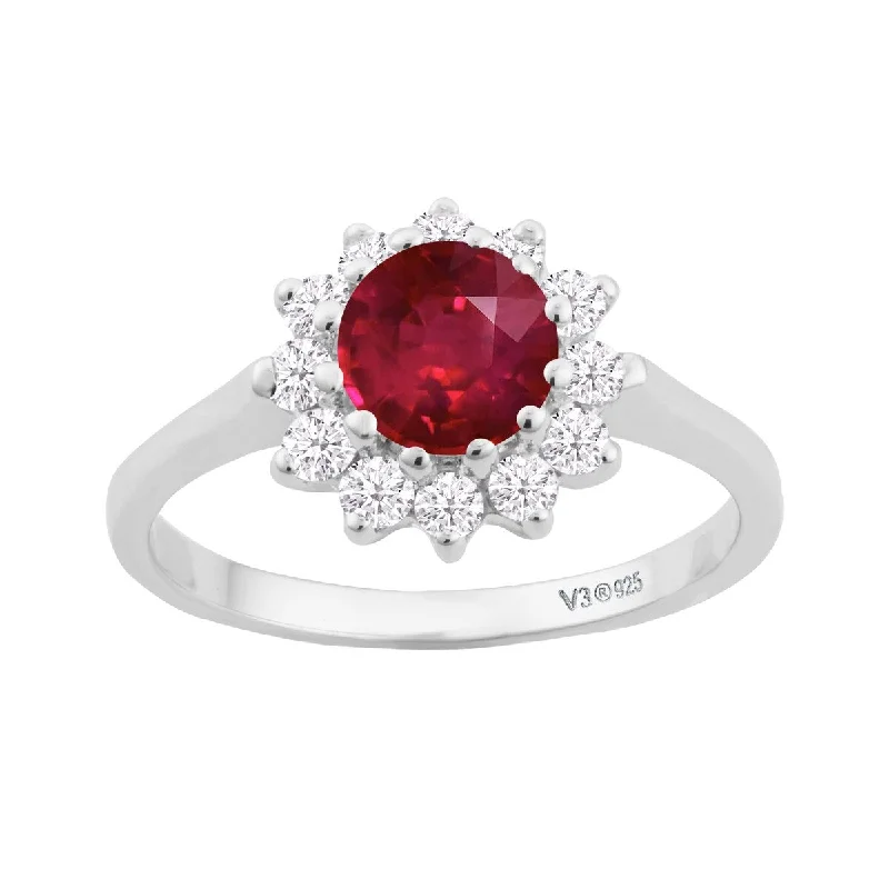 Women’s diamond halo ring-Sterling Silver with Ruby and White Topaz Halo Ring