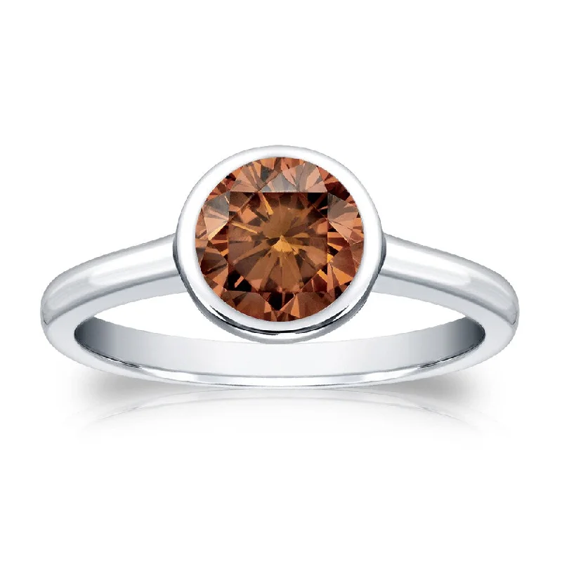 Women’s cocktail ring-Auriya 1cttw Round Bezel Set Solitaire Brown Diamond Ring 14k Gold