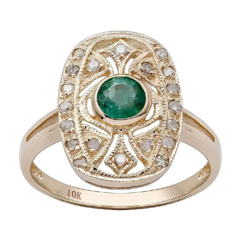 Women’s twist ring-Viducci 10k Yellow Gold Vintage Style Genuine Round Emerald and Diamond Ring