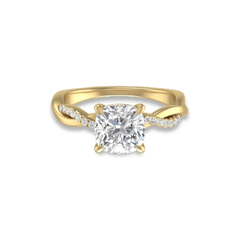 Women’s twisted band ring-Marquee Agatha Twisted Pave Ring with IGI Certified 3 Carat Lab-Grown Cushion Cut Diamond in 14K Yellow Gold