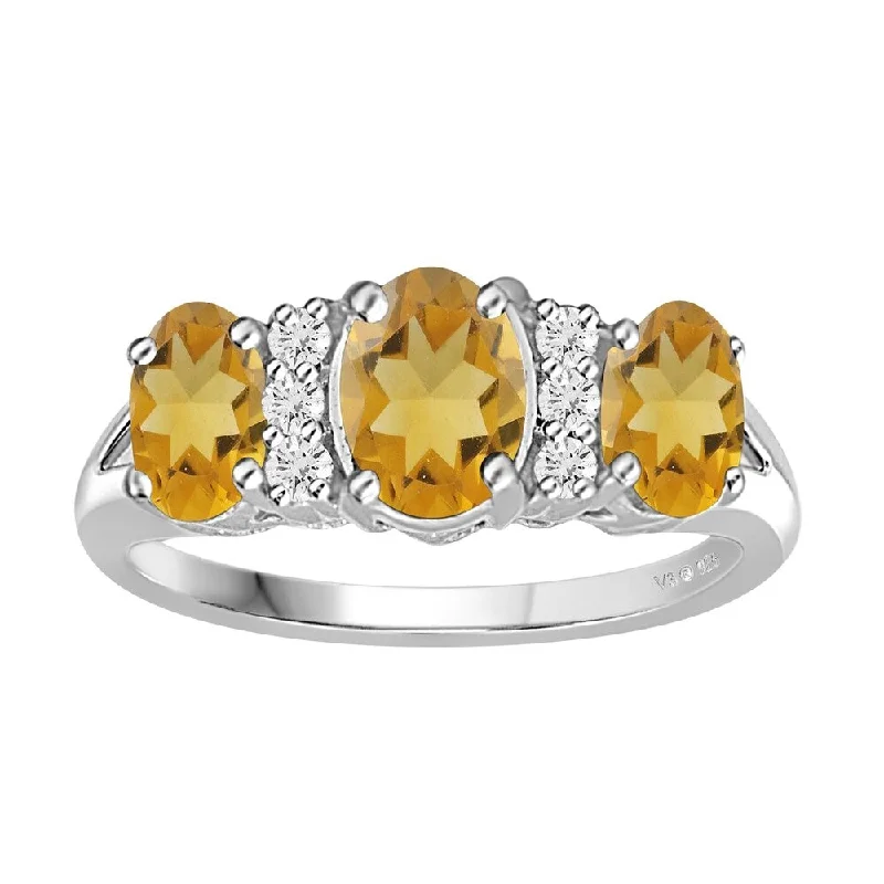 Women’s wedding band-V3 Jewelry 925 Sterling Silver with Oval Shape Natural Citrine and White Topaz Three Stone Ring for Women