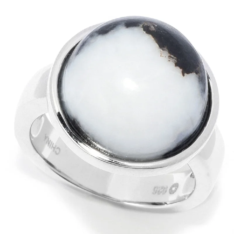 Women’s stackable silver rings-Sterling Silver 14mm White Buffalo Calcite Quartz Ring