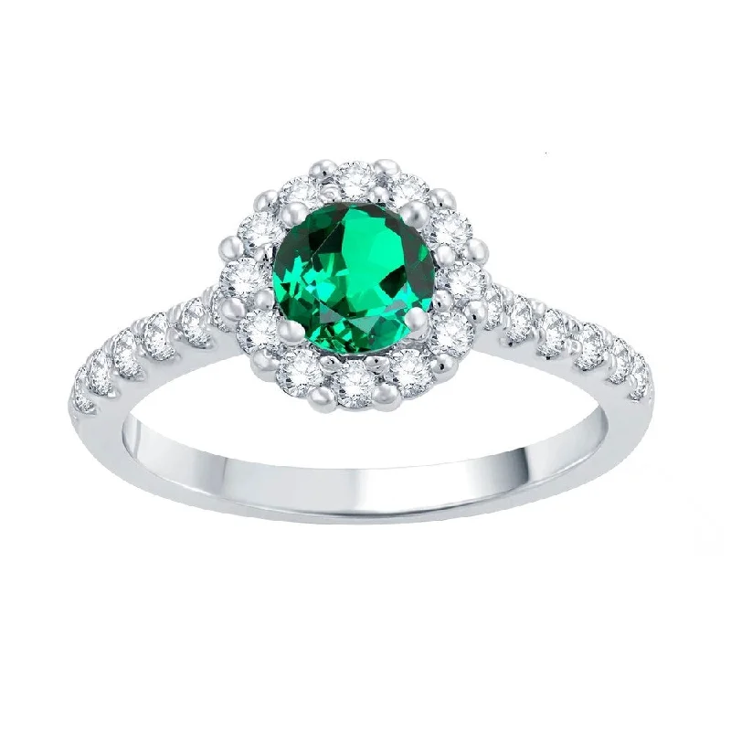 Women’s fine jewelry ring-Sterling Silver with Green Emerald and Natural White Topaz Halo Ring